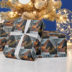 Hengst met een verlichte kerstkrans cadeaupapier