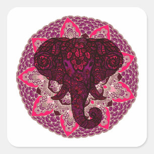 Henna Elephant Head Mandala Pink Mehndi Tattoo Vierkante Sticker