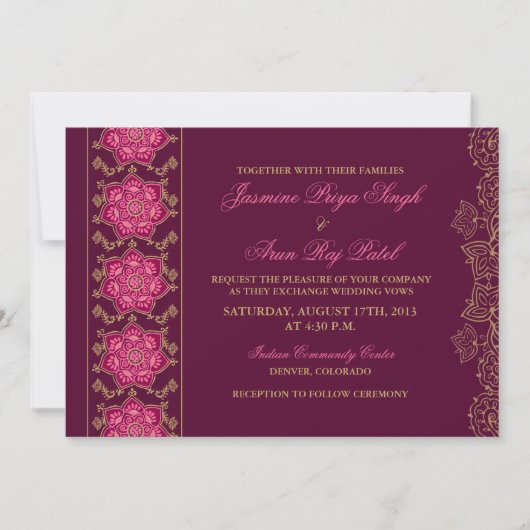 Henna Raisin Pink Gold Indian Wedding Invitation Kaart (Voorkant)