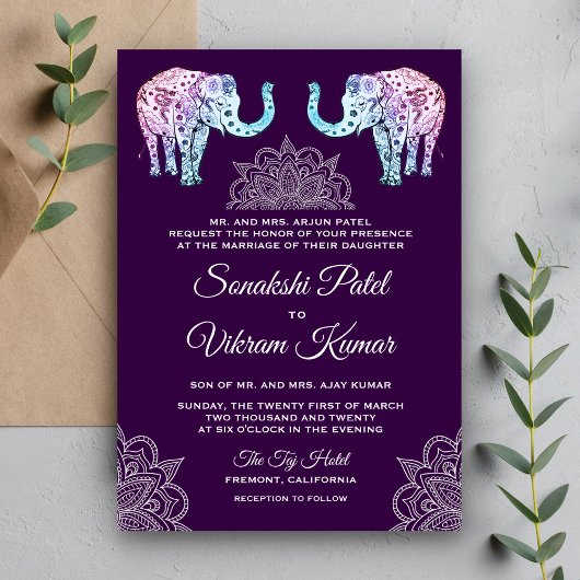 Henna Tattooed Elephants Indian Wedding Invitation Kaart