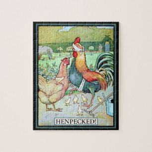 Henpecked Haan met Hen en Chicks Legpuzzel