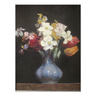  Henri Latour Blue Vase Narcissus en Tulip Foto Afdruk