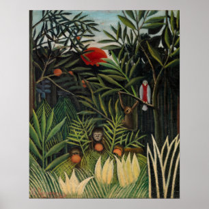 Henri Rousseau - Apen en papegaai in oerwoud Poster