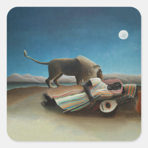 Henri Rousseau slaapt zigeuner leeuw schilderij Vierkante Sticker