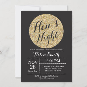 Hens Night Black en Gold Glitter Invitation Kaart