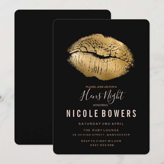 Hens Night Gold Lips Invitation (Devant / Derrière)