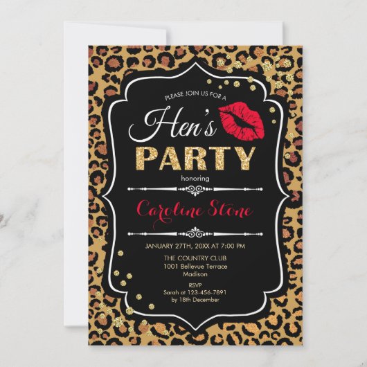 Hens Party - Leopard Print Zwart Rood Goud Kaart (Voorkant)