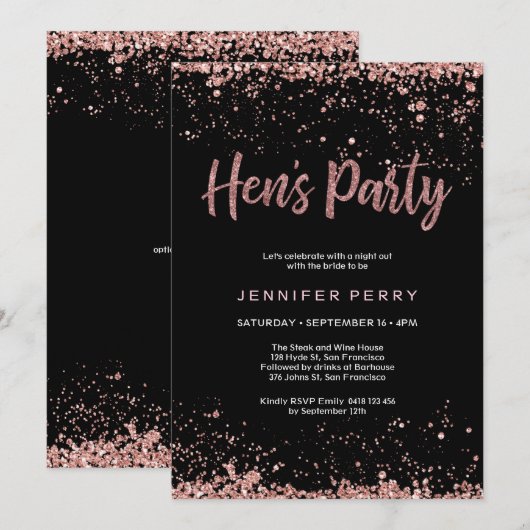 Hen's Party roos gouden glitter Uitnodiging (Voorkant / Achterkant)