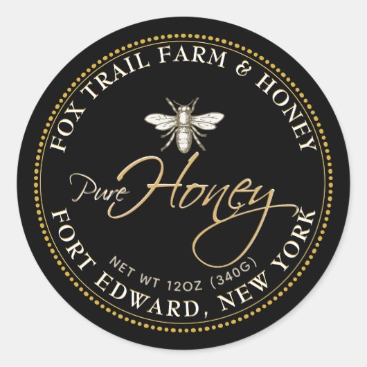 Heraldic Bee Black Honey Label met Script-tekst (Voorkant)