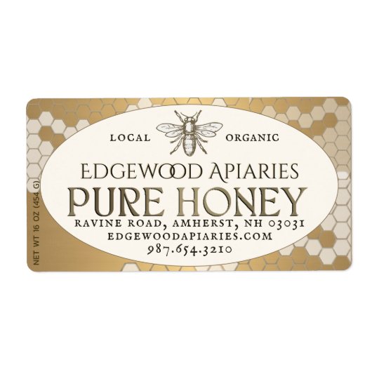 Heraldic bee Honeycomb Honey Label Gold Ivory (Voorkant)