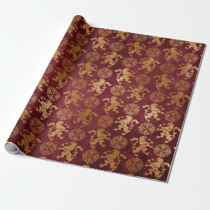 Heraldic Lion Royal Golden Red Velvet Cadeaupapier