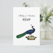 Heraldische gestileerde pacock op kroon C RSVP Kaartje (Staand voorkant)