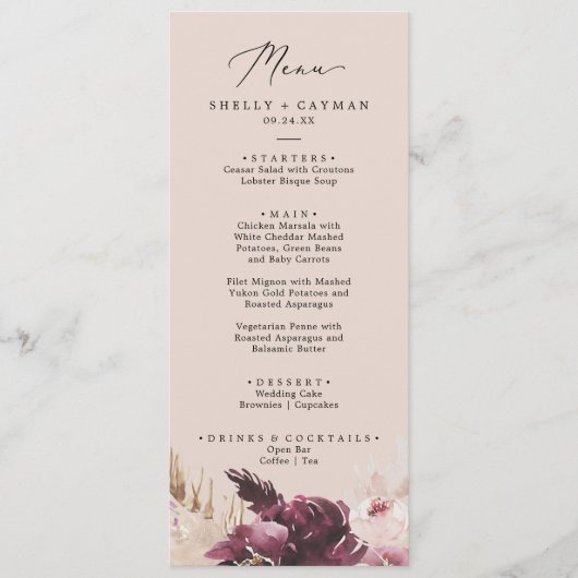 Herbe Boho Pampas | Menu Dîner Mariage Peach (Devant)