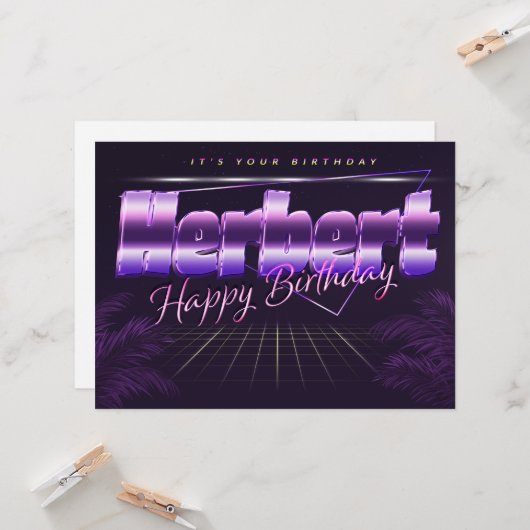 Herbert Nom Prénom carte rétro lilas anniversaire (Devant/Arrière en situation)