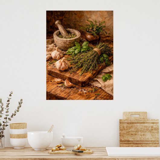 Herbs and Garlic Still Life a Rustic Culinary Poster (Keuken)
