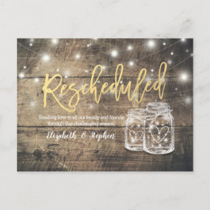 Hercheduled Wedding Postponement Mason Jars Wood Aankondigingskaart