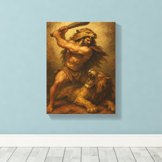 Hercules vecht tegen leeuw met Nemean Pelt Canvas Afdruk (Insitu (Houten vloer))