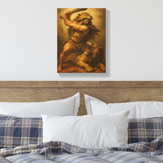 Hercules vecht tegen leeuw met Nemean Pelt Canvas Afdruk (Insitu (Slaapkamer))