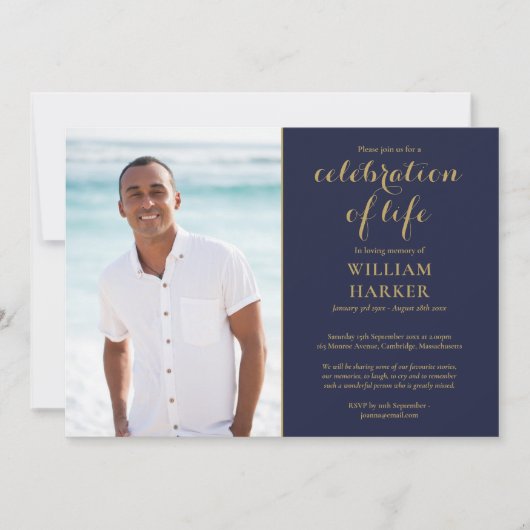 Herdenking van het leven Navy Blue Gouden Uitvaart Kaart (Voorkant)