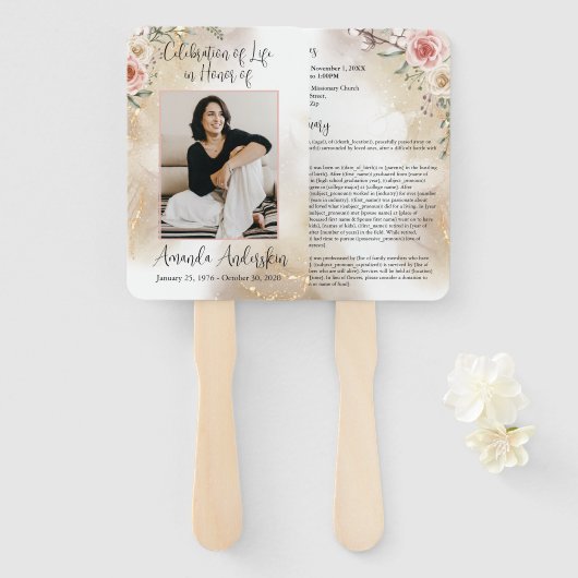 Herdenking van het Leven Perzik en Goud Overlijden Handwaaier (Voorkant en achterkant)