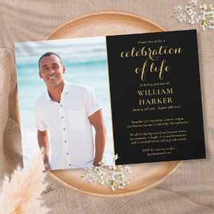 Herdenking van het leven Zwart en goud rouwfoto Kaart