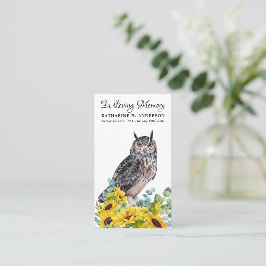 Herdenkings- rouwkaart Uil Zonnebloem Bloemstuk Contactkaartje (Staand voorkant)