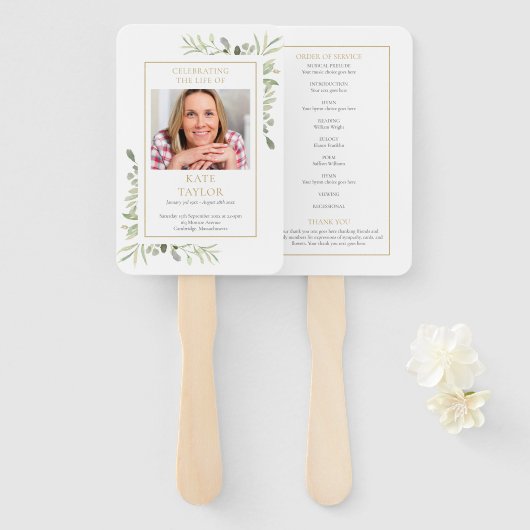 Herdenkingsdienst rouwkaart groen programma handwaaier (Voorkant en achterkant)