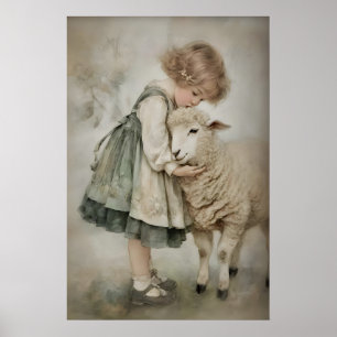 Herderin en Schaap Antieke Print, Lam Rustiek Poster