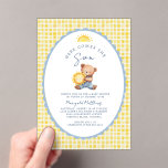 Here Comes the Son Bear Baby Shower Invitation<br><div class="desc">Here Comes the Son Bear Baby Shower Invitation | Sunshine Boy Shower Gingham - Celebrate the arrival of your little ray of sunshine with this sweet Here Comes the Son Bear Baby Shower Invitation. The design features an adorable baby bear hugging a smiling sunshine, surrounded by a soft blue scalloped...</div>