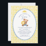 Here Comes the Son Bear Baby Shower Invitation<br><div class="desc">Here Comes the Son Bear Baby Shower Invitation | Sunshine Boy Shower Gingham - Celebrate the arrival of your little ray of sunshine with this sweet Here Comes the Son Bear Baby Shower Invitation. The design features an adorable baby bear hugging a smiling sunshine, surrounded by a soft blue scalloped...</div>
