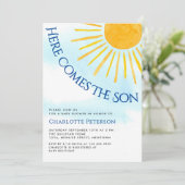 Here Comes The Son Blue Sky Baby Shower Invitation Kaart (Staand voorkant)