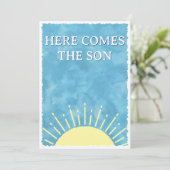 Here Comes The Son Watercolor Baby Shower Aangepas Kaart (Staand voorkant)