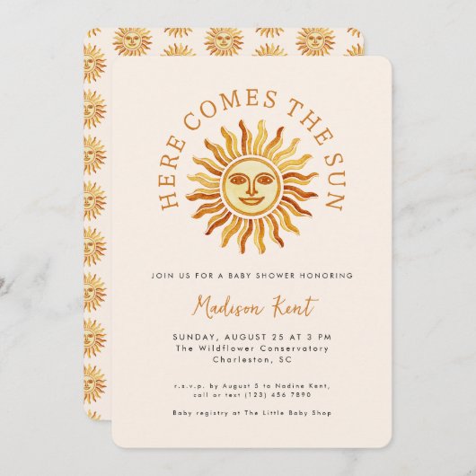 Here Comes the Sun Modern Boho Sun Baby Shower Kaart (Voorkant / Achterkant)