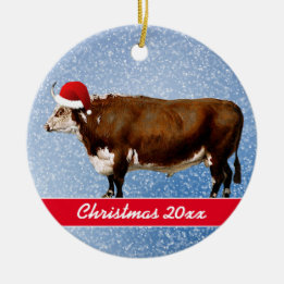 Hereford Bull en Santa Hat Keramisch Ornament