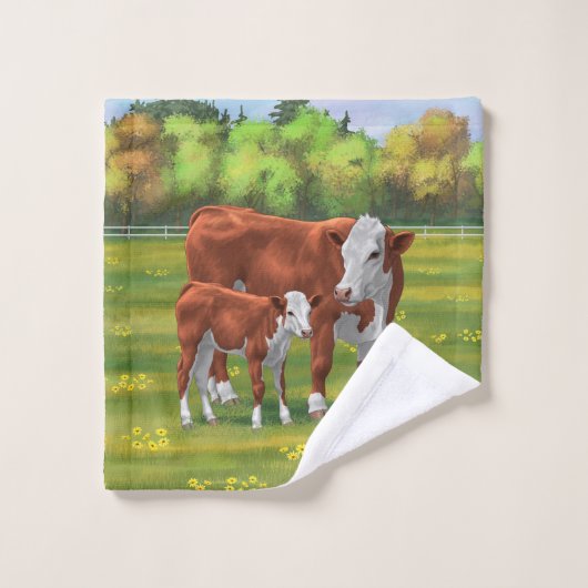 Hereford-Koe en Cute Calf in zomerperiode Bad Handdoek (Wasdoekje)