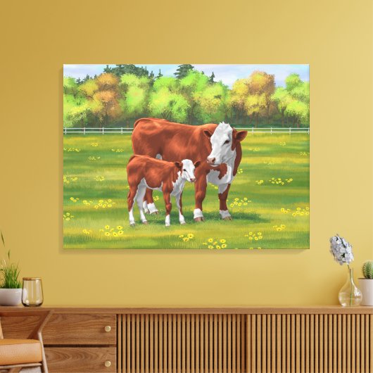Hereford-Koe en Cute Calf in zomerperiode Canvas Afdruk (Insitu (Woonkamer))
