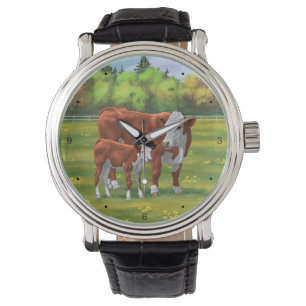 Hereford-Koe en Cute Calf in zomerperiode Horloge