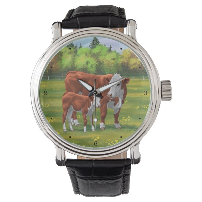 Hereford-Koe en Cute Calf in zomerperiode Horloge (Voorkant)