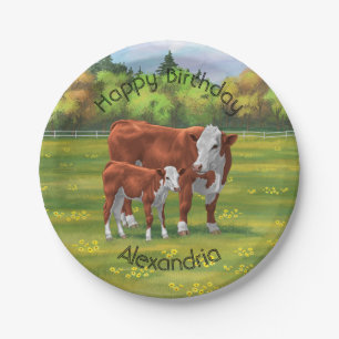 Hereford-Koe en Cute Calf in zomerperiode Papieren Bordje