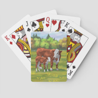 Hereford-Koe en Cute Calf in zomerperiode Pokerkaarten