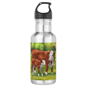 Hereford-Koe en Cute Calf in zomerperiode Waterfles
