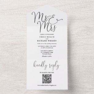 Heren en mevrouw Modern QR-code zwart-wit bruiloft All In One Uitnodiging