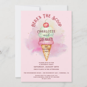 Here's The Scoop Twins 2de verjaardagsfeestje Roze Kaart