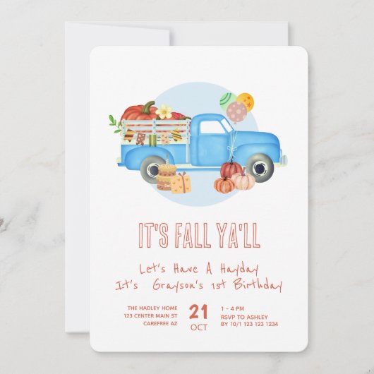 Herfst 1e Verjaardags Pompoen Blauwe Vrachtwagen Kaart (Voorkant)