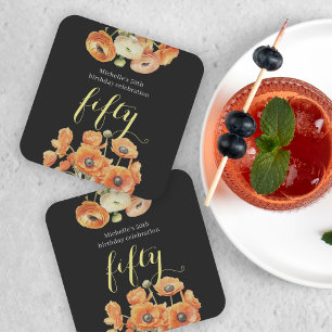 Herfst 50e Verjaardag Party Sinaasappel Bloemen Vierkante Kartonnen Onderzetter