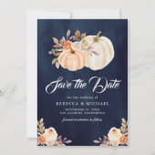 Herfst Aardse Bloemenpompoen Navy Blue Wedding Save The Date (Voorkant)