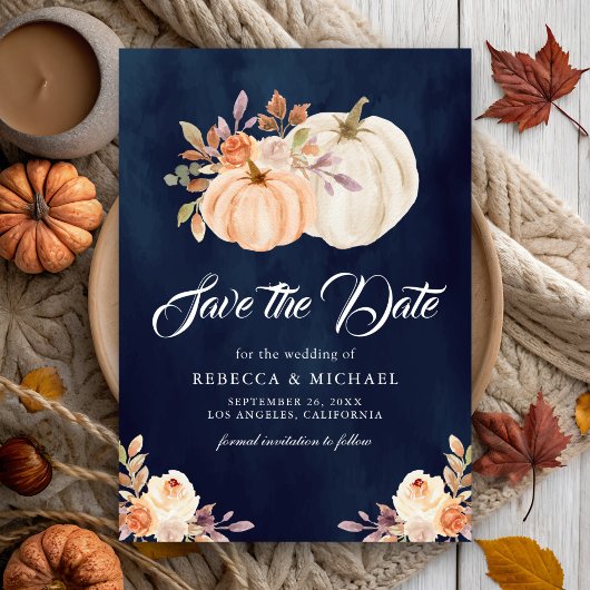 Herfst Aardse Bloemenpompoen Navy Blue Wedding Save The Date