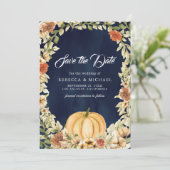Herfst Aardse Bloemenpompoen Navy Blue Wedding Save The Date (Staand voorkant)