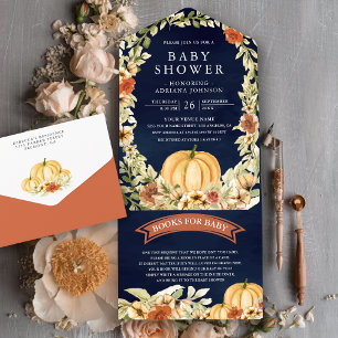 Herfst Aardse Bloemige Pompoen Marine Baby Shower All In One Uitnodiging