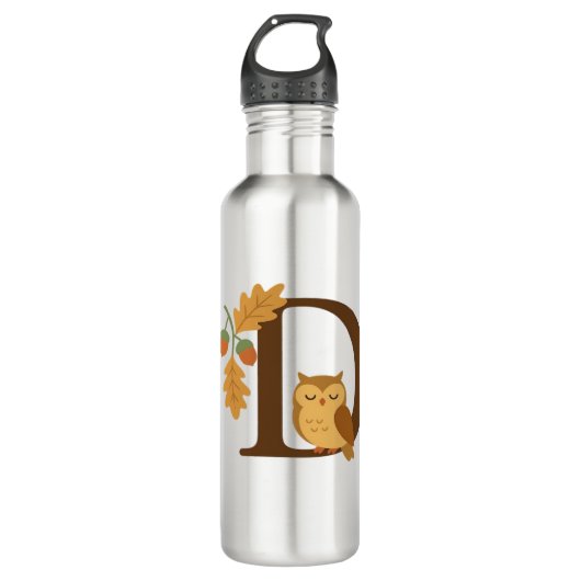 Herfst Alfabet Monogram Letter D – Uil met Eik L Waterfles (Voorkant)